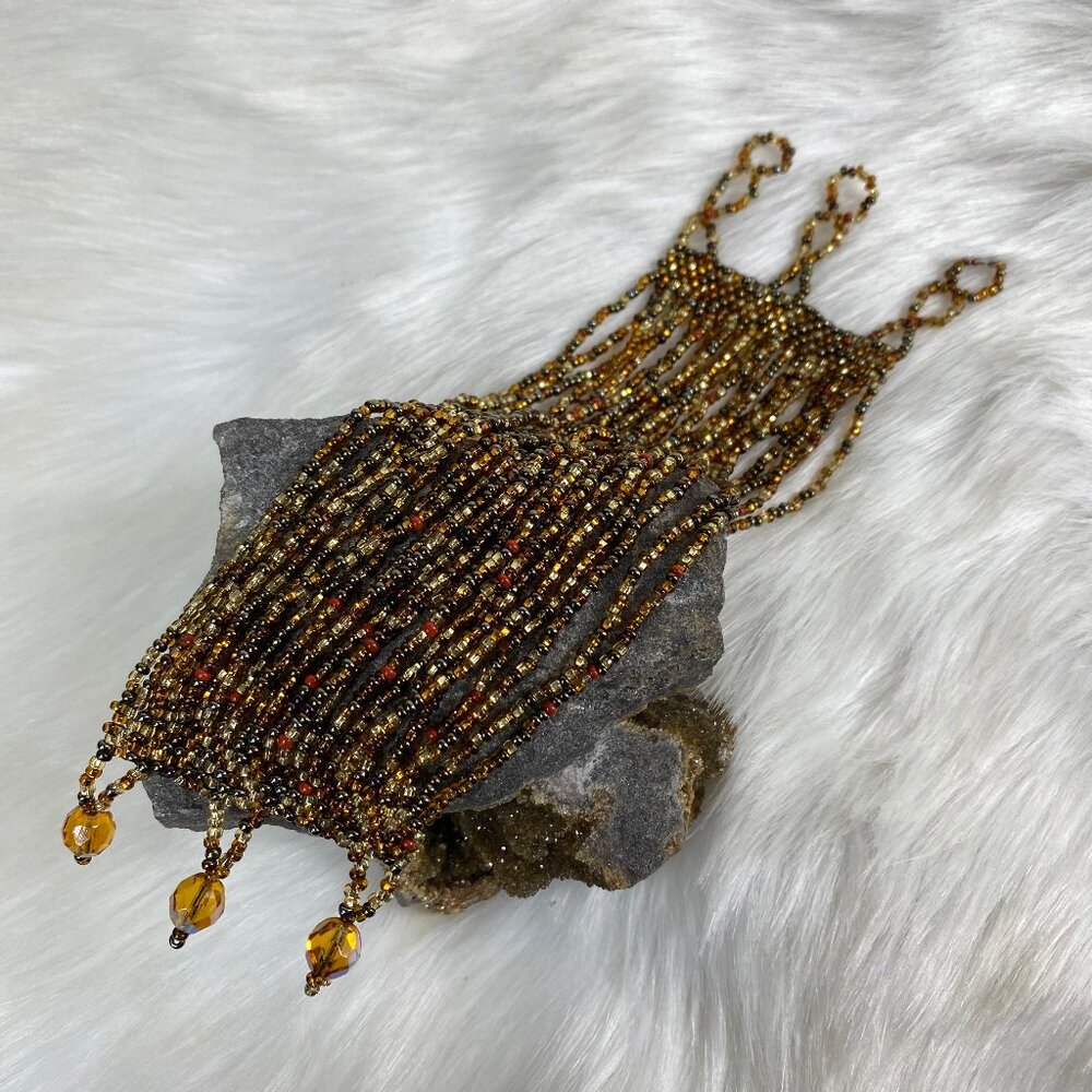 Gold & Brown Woven Seed Bead Wide Bracelet 2" Wide 7.5" Long